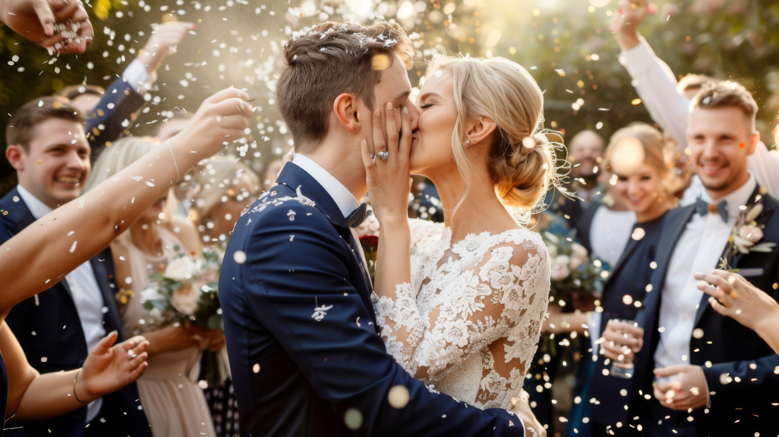 A bride and groom kiss amidst a festive celebration with confetti and guests cheering around them.